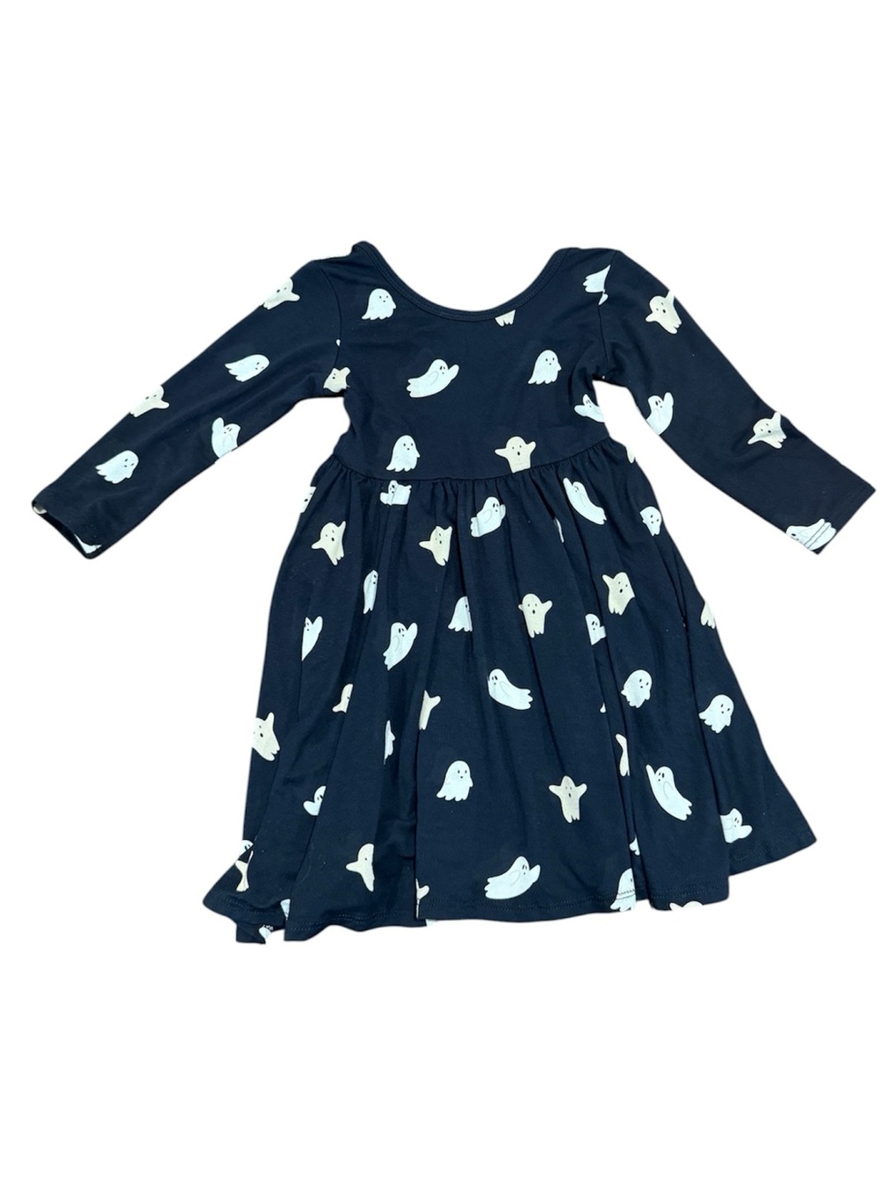 Kyte BABY Black, White, and Grey Ghost Print Twirl Halloween Dress